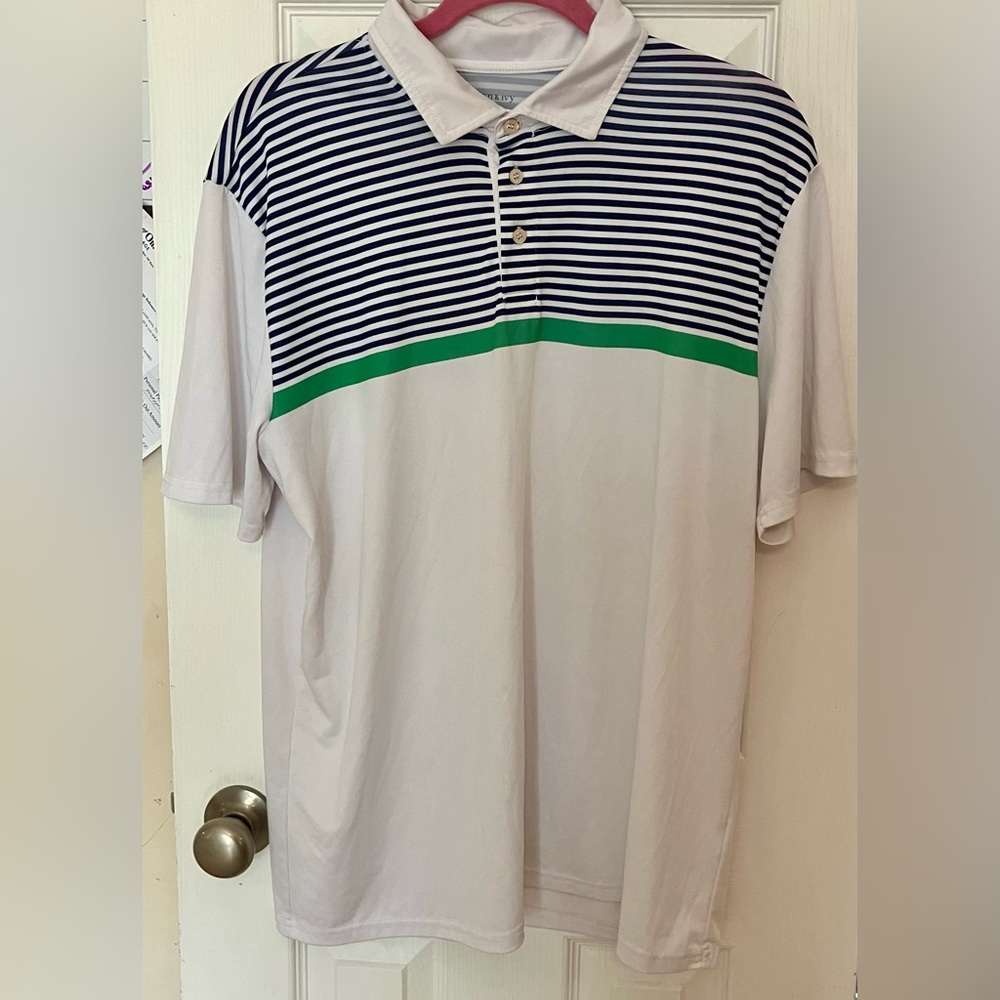 Crown & Ivy Mens Shirt Medium White Black Stripe Short Sleeve Polo Golf Casual